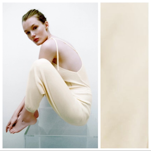 NWT. Zara Light Yellow Knit Long Pointelle Jumpsuit. Size L. - Picture 2 of 6